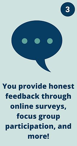 Image shows a transparent green box surrounding a graphic that looks like a navy speech bubble and contains an ellipses of three green dots. Text reads: “You Provide honest feedback through online surveys, focus group participation, and more!”