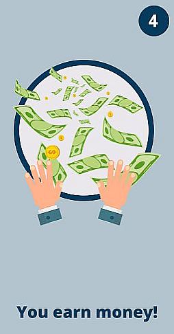 Image shows a transparent green box surrounding a graphic that looks like hands throwing cash money into the air. Text reads: “You earn money!”
