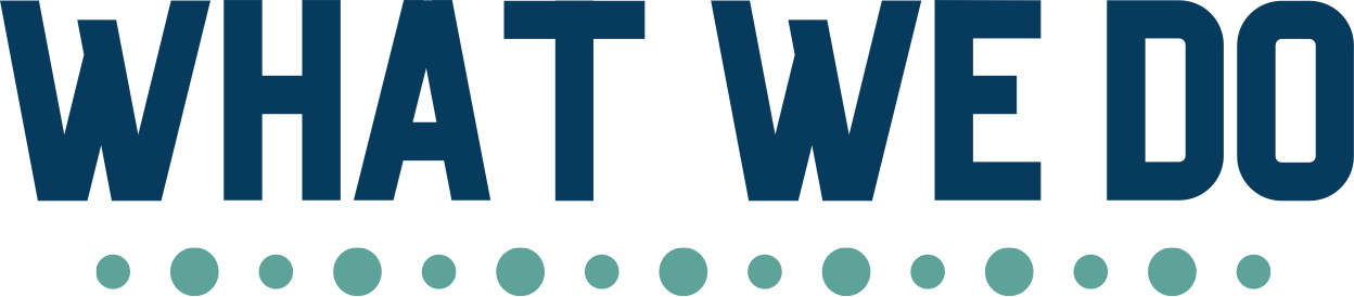 “What We Do” is in bold blue lettering at the top of the page, with green dots underlining the text.